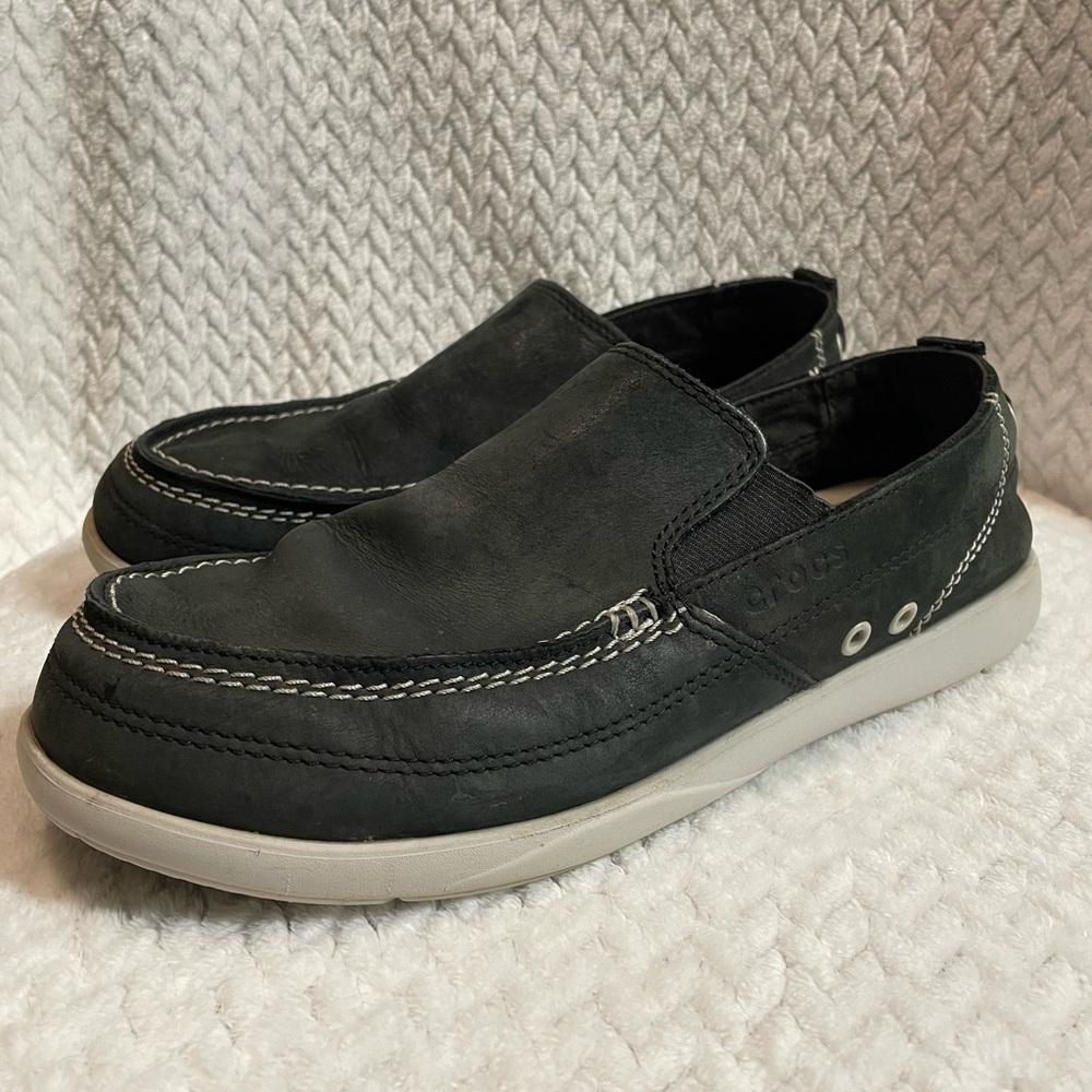 Crocs Harborline Loafer Shoes Mens Size 9 Nubuck Leather Black Slip.
